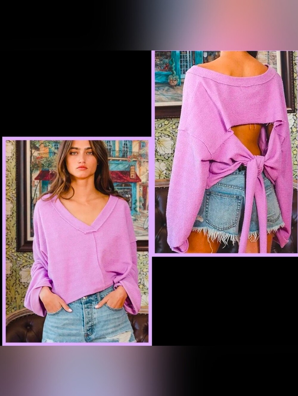 French Terry V-neck Adjustable Back  Tie In Lavender By Bucklist S,M & L NWT$68